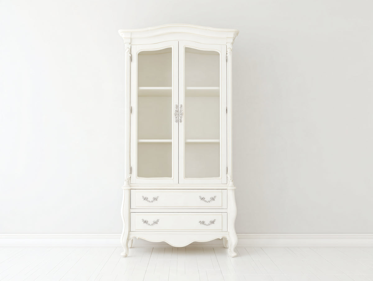 Vitrine - Bois - Verre - 105 x 45 x 200 cm - Blanc ivoire - Style romantique