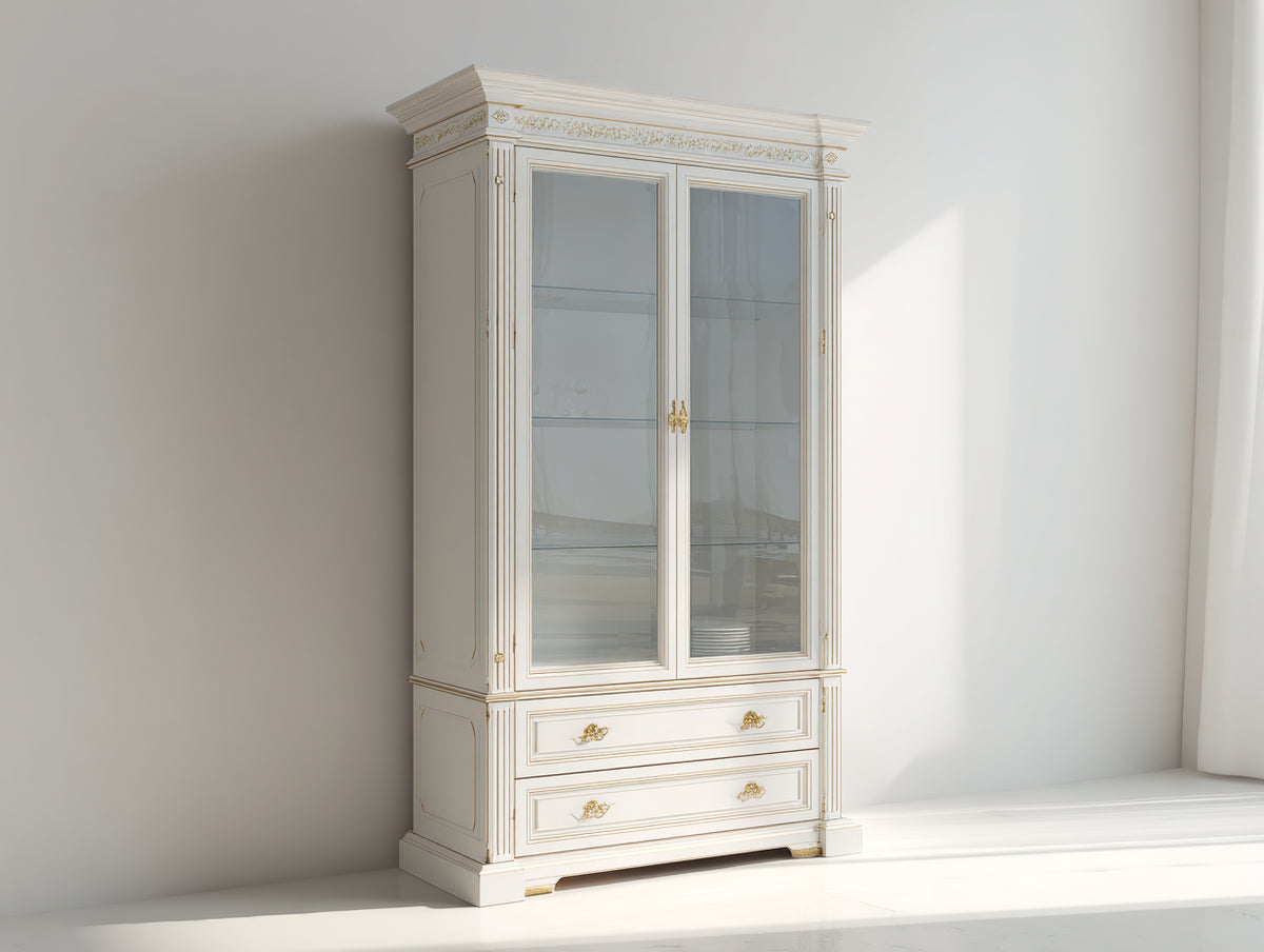 Vitrine - Bois - Verre - 110 x 45 x 200 cm - Blanc ivoire-Doré - Style néoclassique