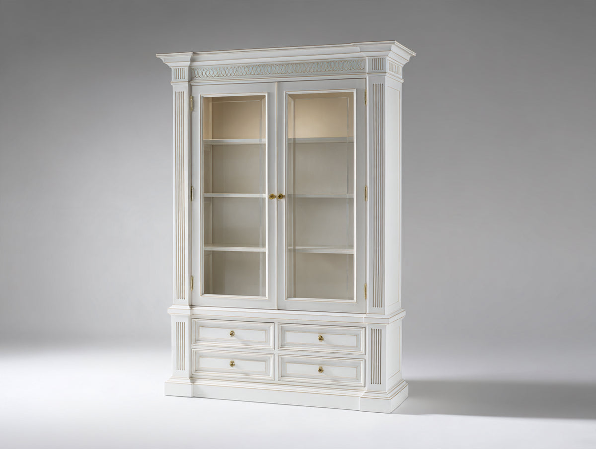 Vitrine - Bois - Verre - 120 x 45 x 205 cm - Blanc ivoire-Doré - Style néoclassique